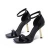 Black Patent Leather Flat Toe High-heeled Shoes With Square Toe, Women's Slim Heeled Sandals