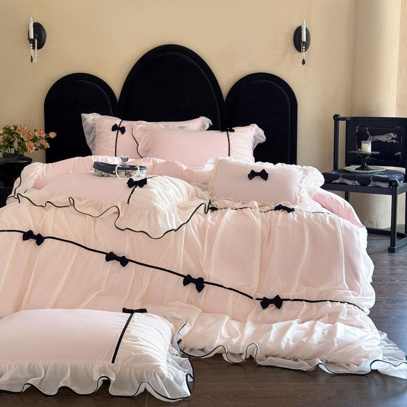 Romantic Lace Princess Black Bow Bedding Set Pink Korean Style Duvet/Comforter Cover Set Bed Sheet/Fitted Sheet Pillowcases 4Pcs
