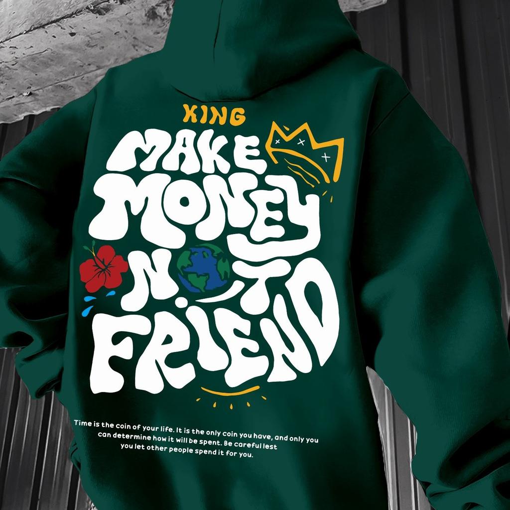 Men's Autumn and Winter Casual Fashion Loose Plus Size Letter Pattern Print Fleece Warm Long Sleeved Hooded Sweatshirt Pullover