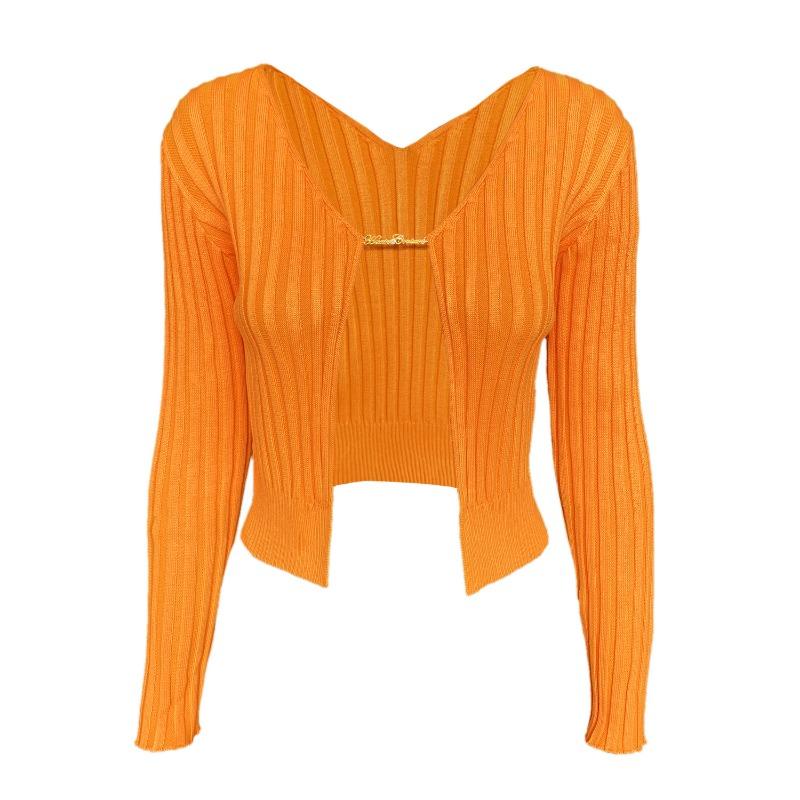 

Женский осенне-зимний сексуальный глубокий V-образный вырез с длинными рукавами и золотой этикеткой, вязаный кардиган-свитер M оранжевый