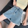 Blaue Jeans-Shorts mit hoher Taille und weitem Bein mit Spitze - Damen Übergröße Sommer Lässig