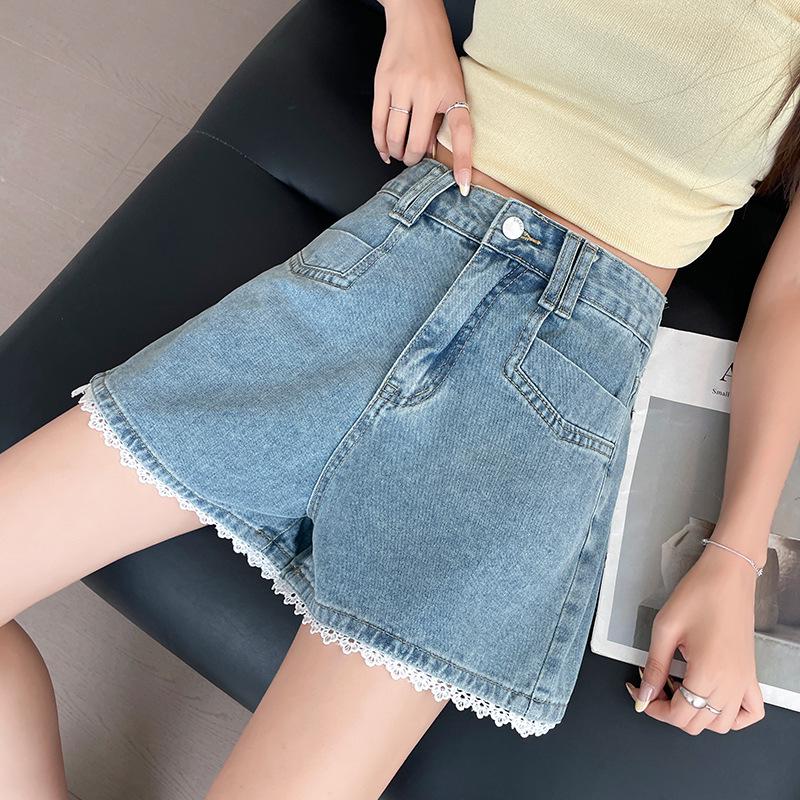 Blaue Jeans-Shorts mit hoher Taille und weitem Bein mit Spitze - Damen Übergröße Sommer Lässig