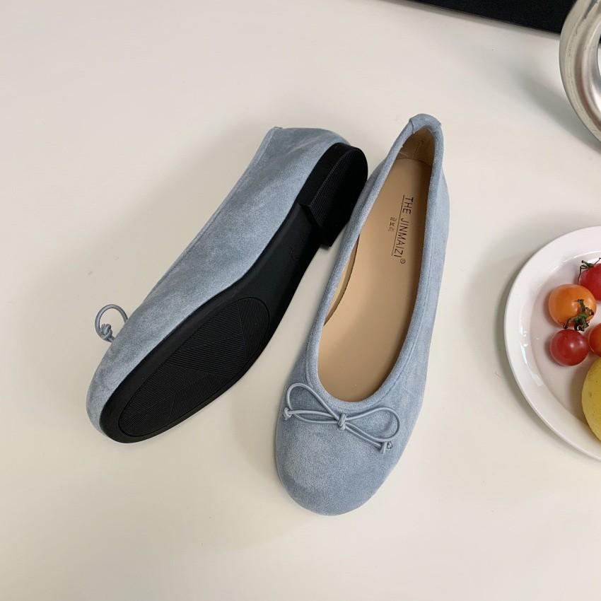 Spring and summer 2025 new bow suede shallow mouth single shoes round head comfortable soft sole not tired feet Doudou women's shoes