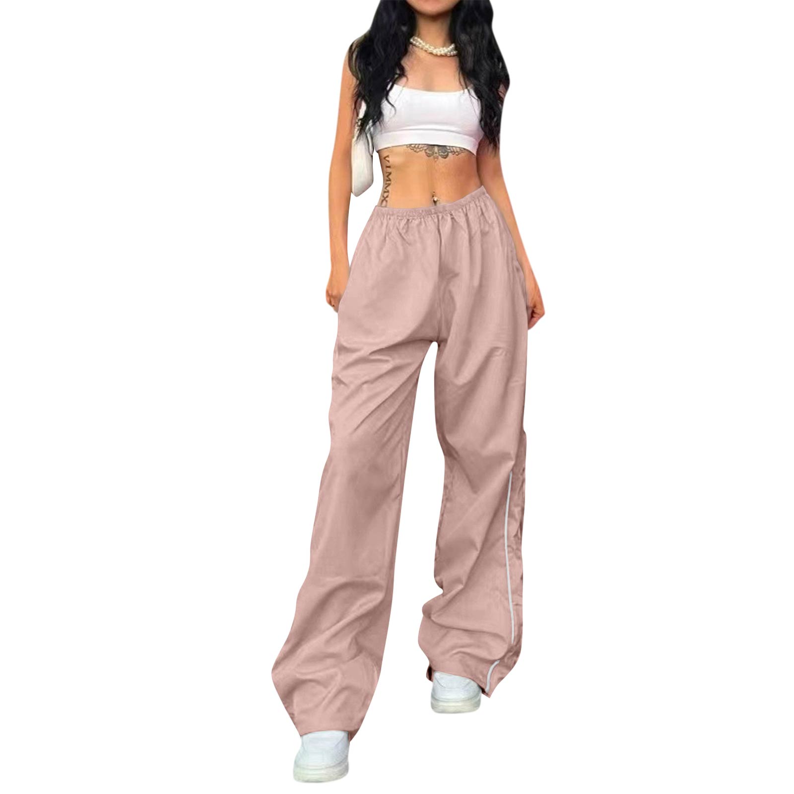 

Casual Drawstring Waist Long Pants with Side Adjustable Cords Elastic Waistband Loose Fit Lightweight Trousers for Summer L розовый