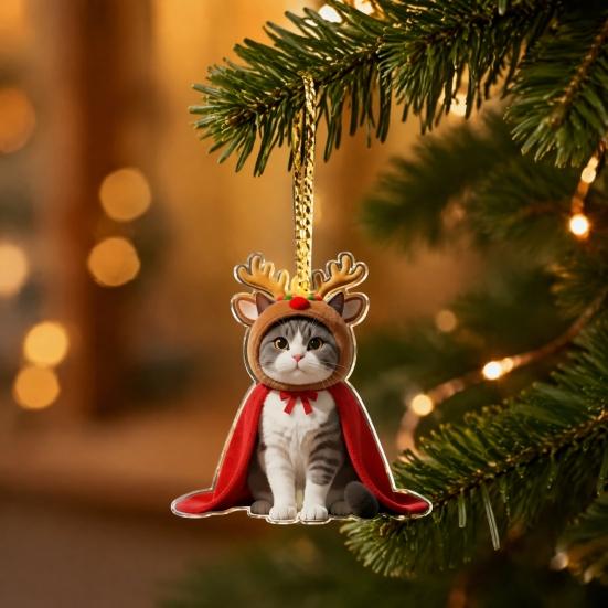 Kleine Süße Dekorationen für Fenster Katze Weihnachtsdekoration, 2D Flaches Cartoon Acryl Kätzchen mit Umhang und Leichter Dekorationshut Hängende Dekoration