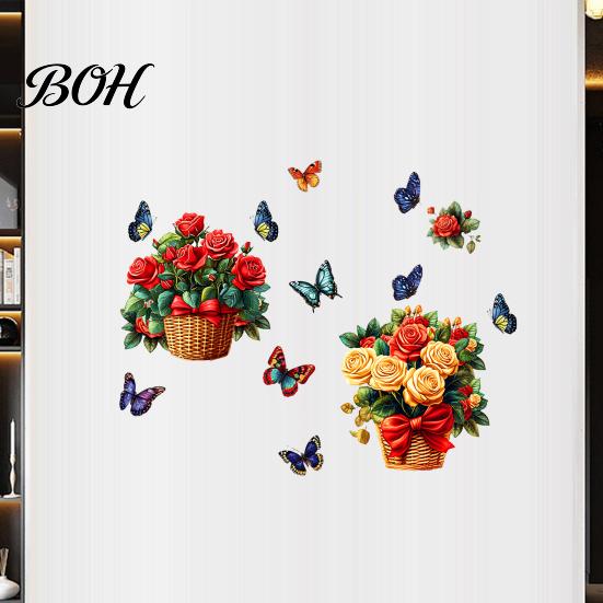 Party Decoration Floral Wall Stickers Rose Flowers with Butterflies, PVC Waterproof Decals, Removable Peel And Stick Art Decor, Murals for Home Living