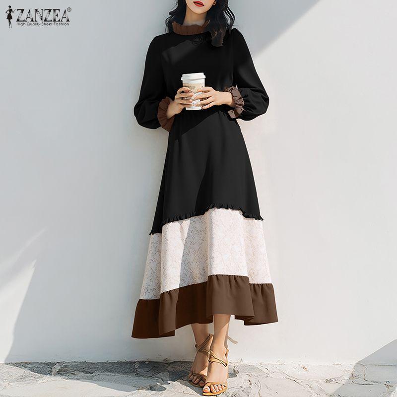 ZANZEA Women Casual Round Neck Loose Long Sleeve Splice Dress