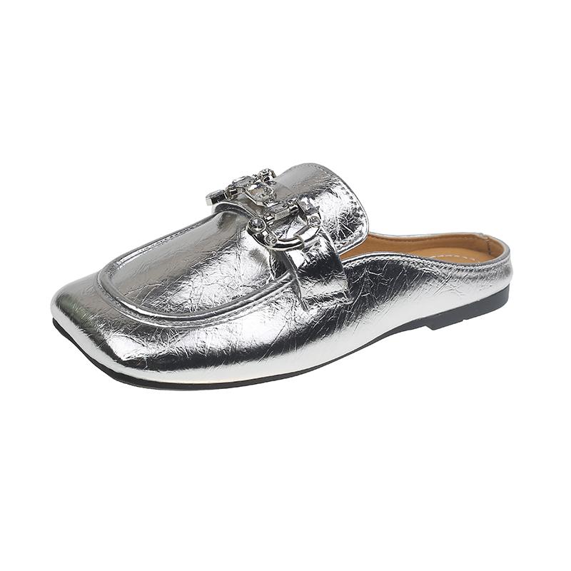 

Slippers Women s Fashion Square Head Shallow Mouth Crystal Metal Buckle Soft Sole Anti-slip Wear-resistant Flat Shoes 40 срібний