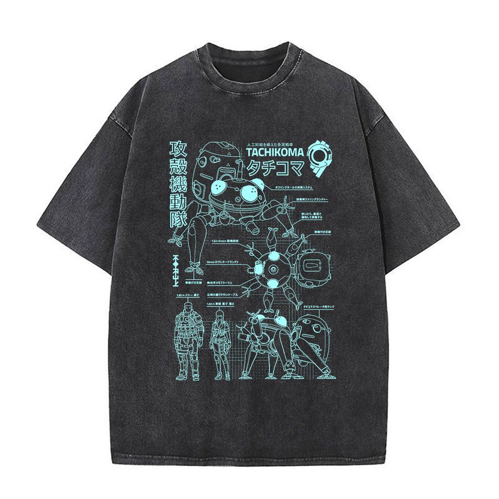 Anime Ghost In The Shell Motoko Kusanagi Vintage Washed T Shirts Men Women Clothing Casual Short Sleeve Oversized Tshirts Tops
