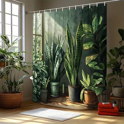 ~O~ Rideau de douche inspiré de la nature sereine - Motif plantes en pot et lumière du soleil, Polyester, 12 Crochets, Entretien facile, Décoration de salle de bain moderne