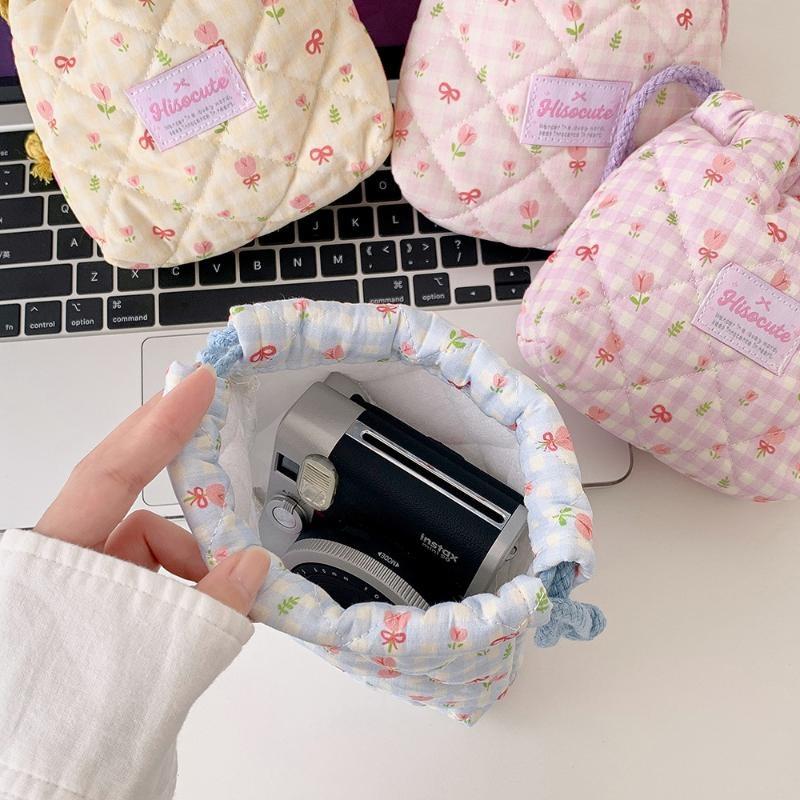 Cute Quilted Cotton Camera Bag Ins Style 1PCS Soft Shockproof Portable Storage Pouch for Student Photographers
