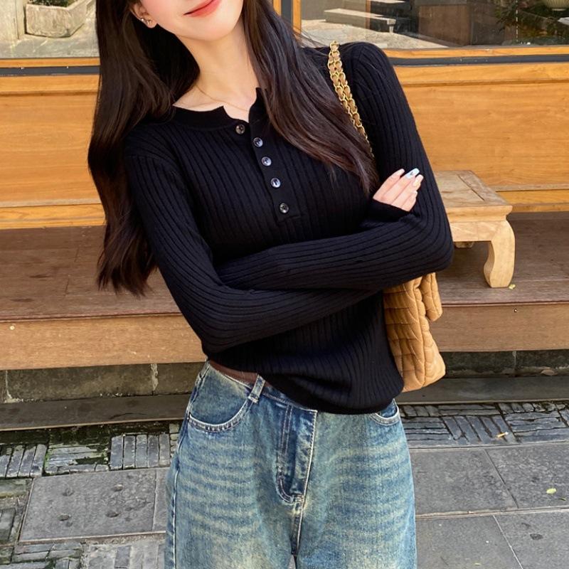 Women Long Sleeve Knitted Sweater Spring Autumn Button O Neck Inside Tight Knit Pullover Top