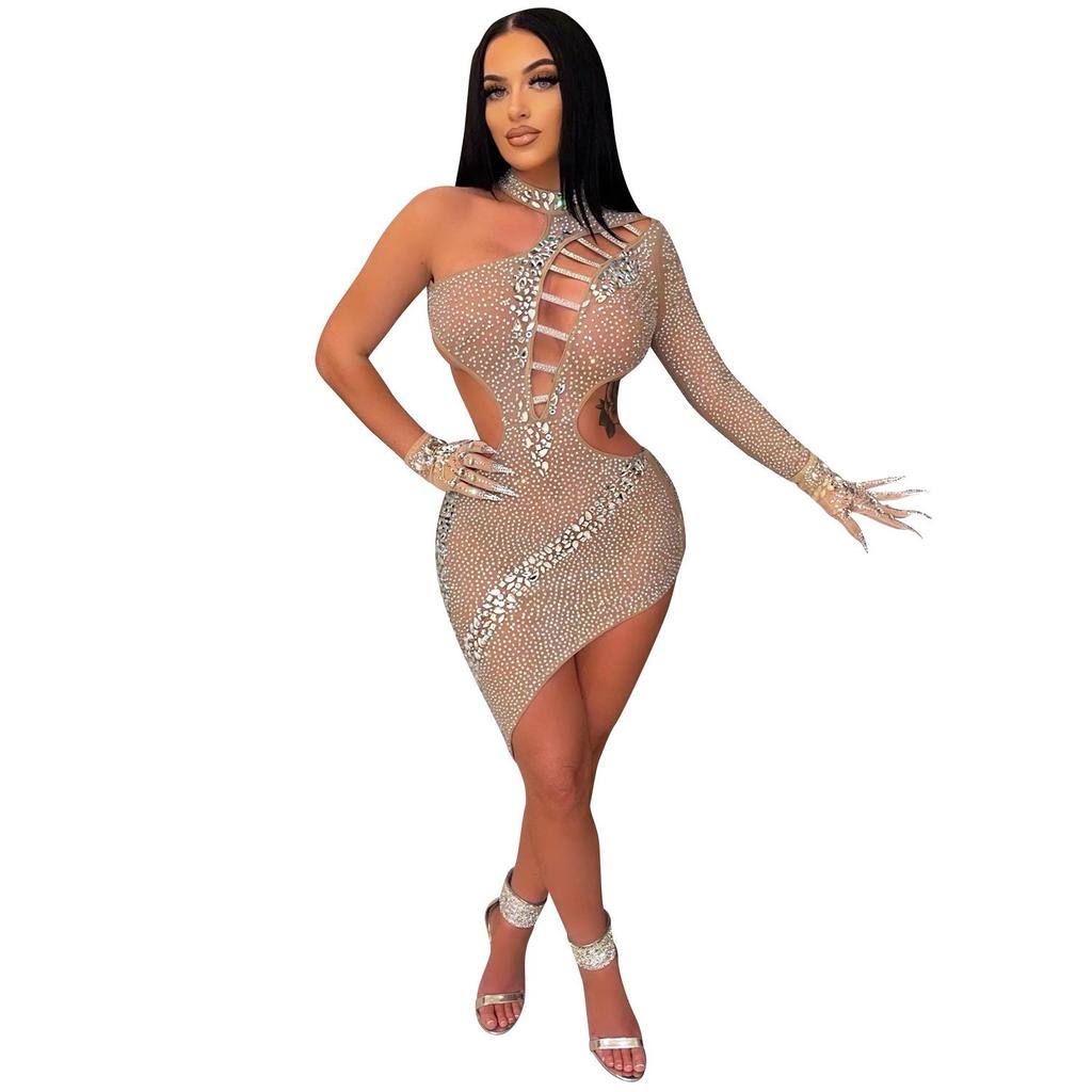 European and American Fashion One-Shoulder Asymmetrical Cut-out Backless Dress