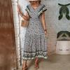 European and American retro ethnic style ruffle leaf edge v-neck printed dress
