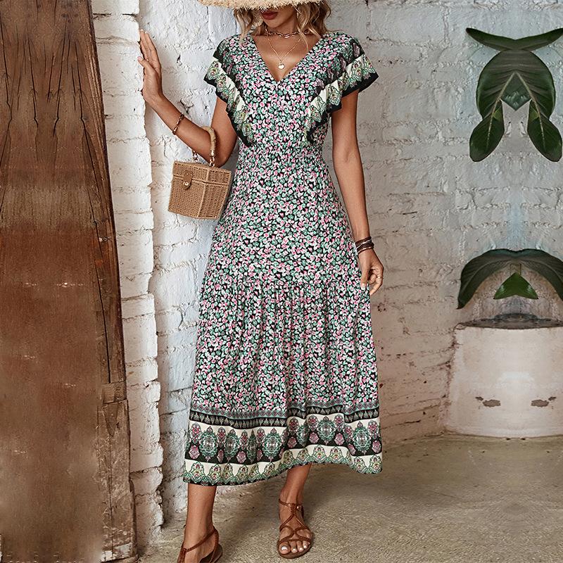 European and American retro ethnic style ruffle leaf edge v-neck printed dress