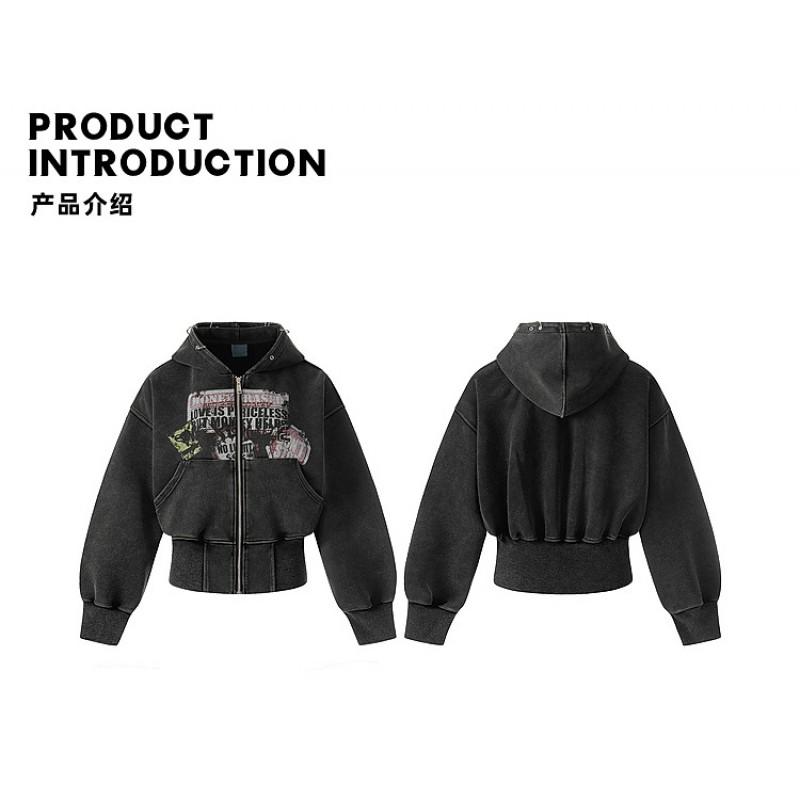Womens Black Hooded Sweatshirt Jacket 2026 Streetwear Chic Slim Fit Casual Top Teens