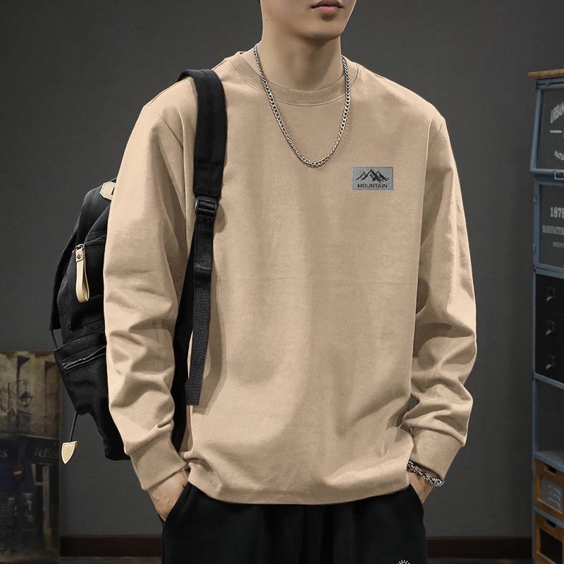Men's Heavyweight Pure Cotton Crew Neck Long Sleeve T-Shirt for Teens - Spring/Autumn 2025