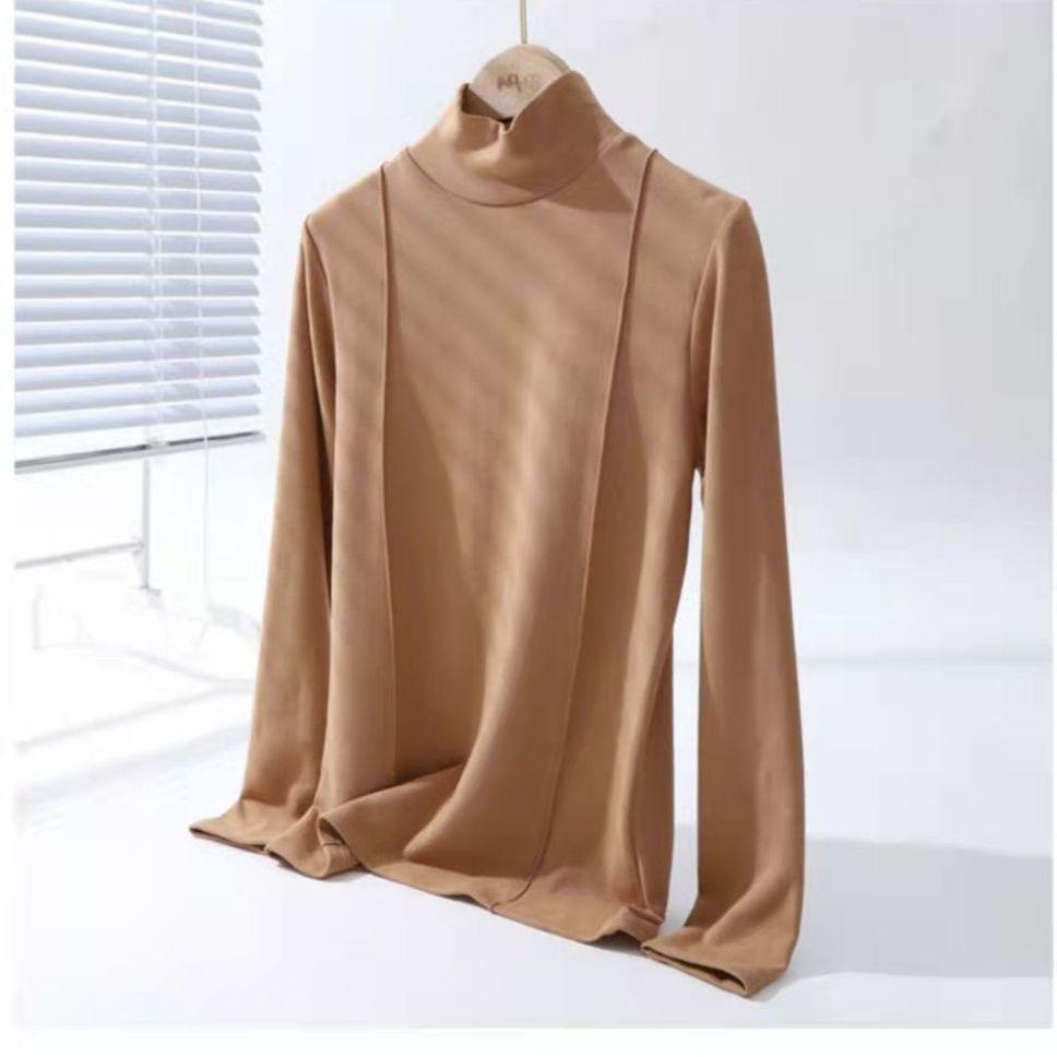 

Женская флисовая базовая рубашка большого размера однотонная с высоким воротом с флоковым длинным рукавом футболка свободного кроя эластичный пуловер топ 3XL темно-коричневого