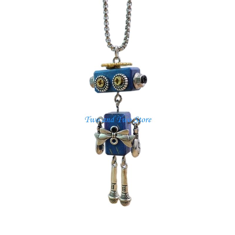 HX6F Wooden Robot Pendant Necklace Stylish Collarbone Chain DIY Block Neckchain Jewelry Eye Catching Accessories