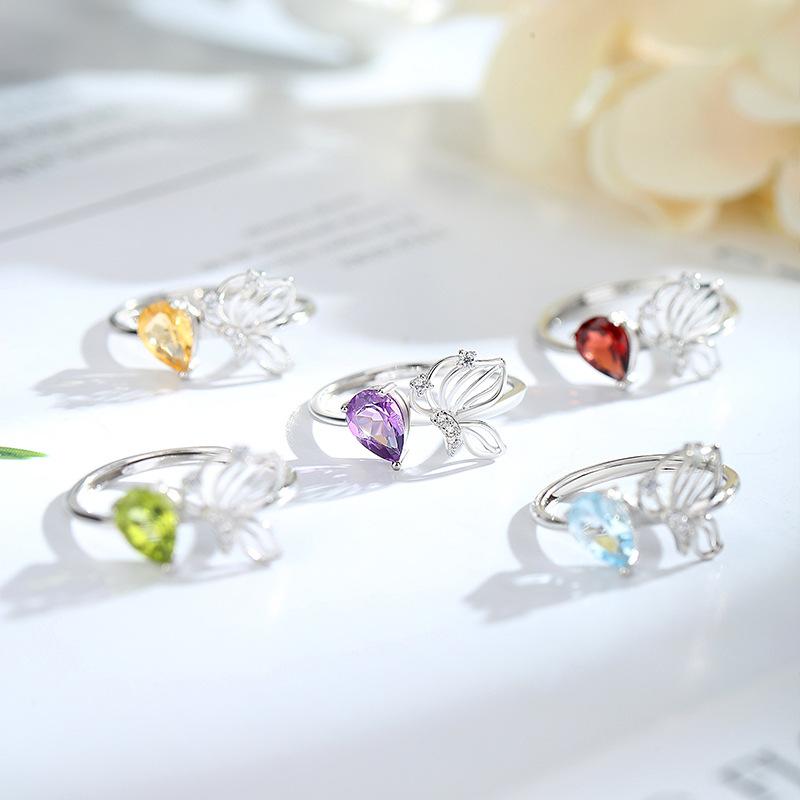 S925 Sterling Silver Butterfly Crystal Open Ring, Adjustable Natural Stone Band, Elegant Dainty Jewelry for Women, Daily Wear & Gift