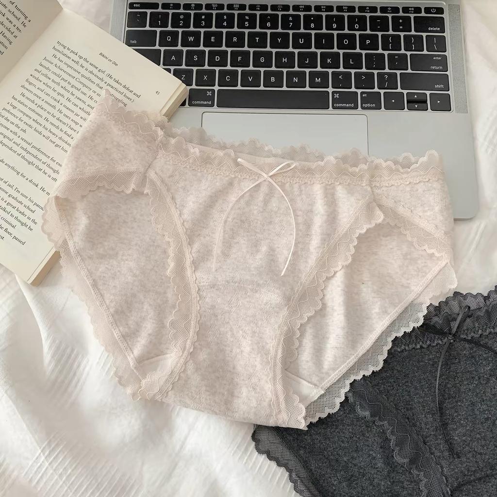 Female Spring and Autumn Sexy Pure Desire Lace Edge Bowknot Pure Cotton High Split Triangle Briefs
