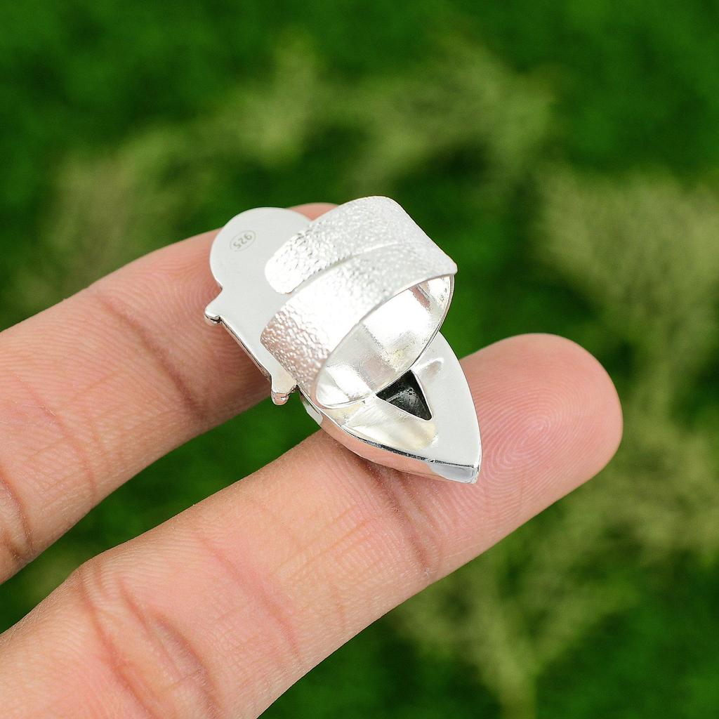 Natural Solar Moss Agate Skull And Bone Adjustable Ring 925 Silver For Girls