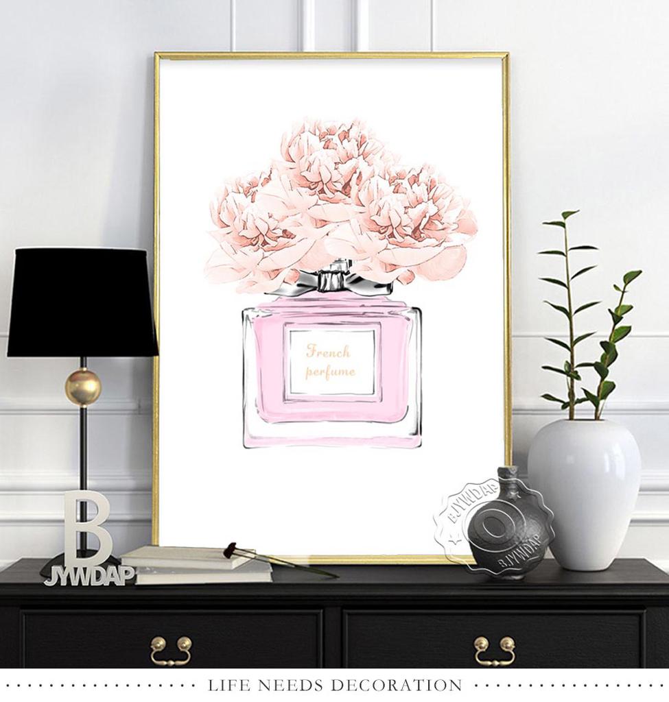 Fashion Illustration Watercolor Floral Prints Art Poster, Flowers Paris Perfume Canvas Painting, Minimalist Wall Decor Girl Gift No Frame