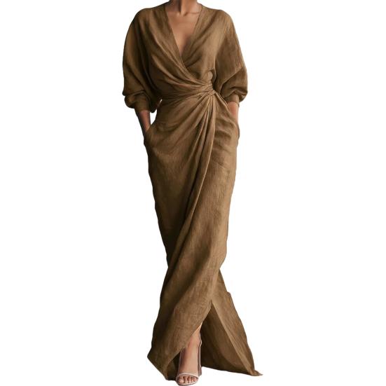 Women's Split Wrap Maxi Dress 3/4 Sleeve V Neck Ruched Bodycon Long Dress Cocktail Party Wedding Guest Dress with Pockets