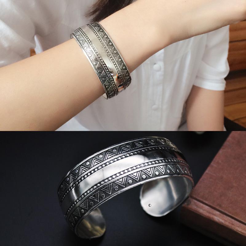 Vintage Silver Elephant Cuff Bracelet - Bohemian Ethnic Style for Women Pattern Elephant Wide Bracelet