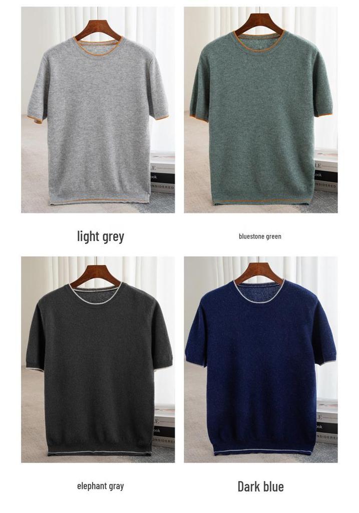 T-shirt à Manches Courtes et Col Rond Color Block 100% Laine Australienne pour Homme - Coupe Ample Décontractée, Couche de Base en Cachemire Printemps/Automne.