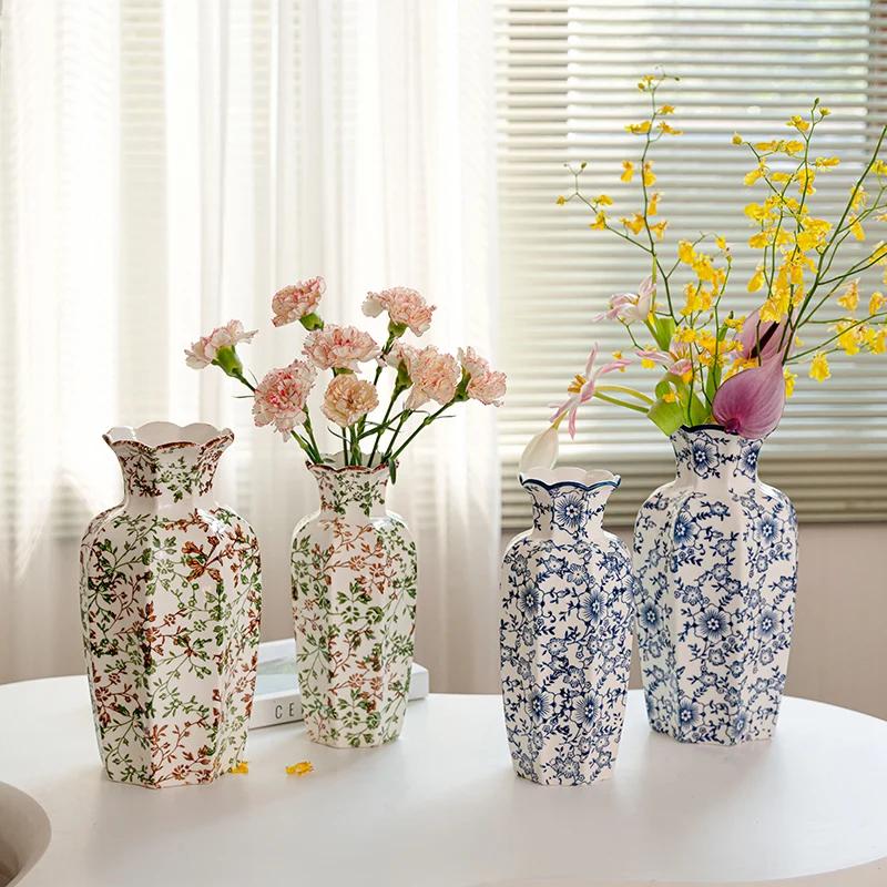 Octagonal Pastoral Ceramic Vase Blue and White Porcelain Hand-painted High-end Living Room Entrance Flower Arrangement Water