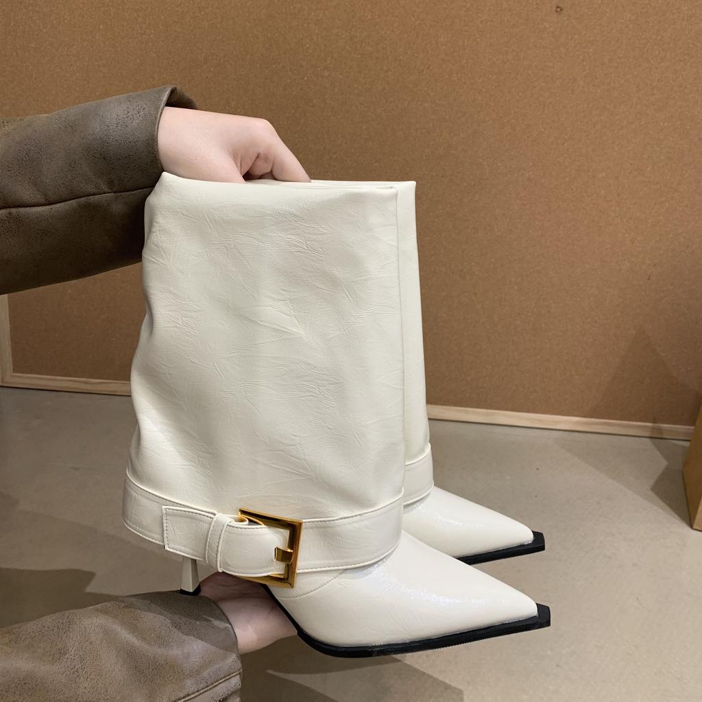 Autumn and winter new pointed-toed thin-heeled high-heeled boots, thin skirt, trousers, boots, belt buckle, medium tube, Martin short boots.