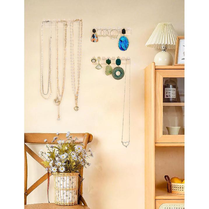 12Pcs Self-Adhesive Necklace Organizer, Necklace Holder Wall Mounted, Hanging Jewelry Organizer with 8 Hooks for Necklaces, Bracelets, Rings,