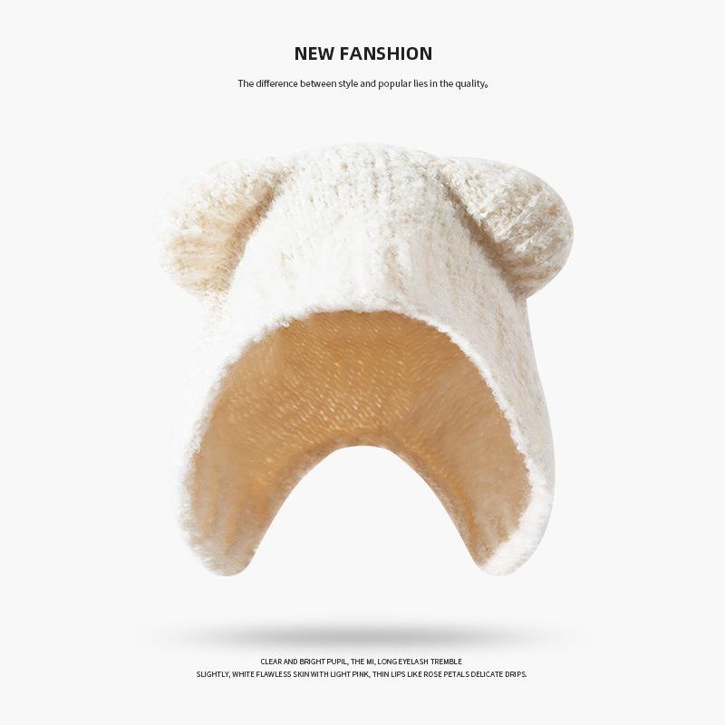 Cute Bear Wool Hat Women's Winter Thickened Plush Warm Plush Bald Hat Autumn and Winter Big Head Circumference Knitted Hat