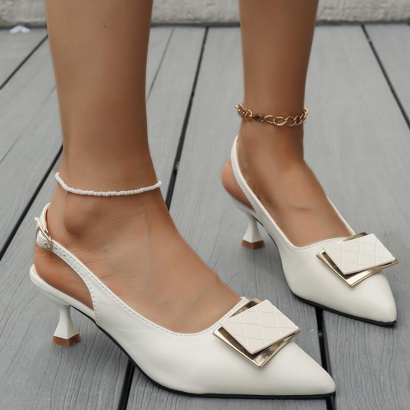 

Fashion Skinny Heel Temperament Celebrity High Heels Summer Baotou Shallow Mouth Metal Square Buckle Non-Tired Foot Sandals 35