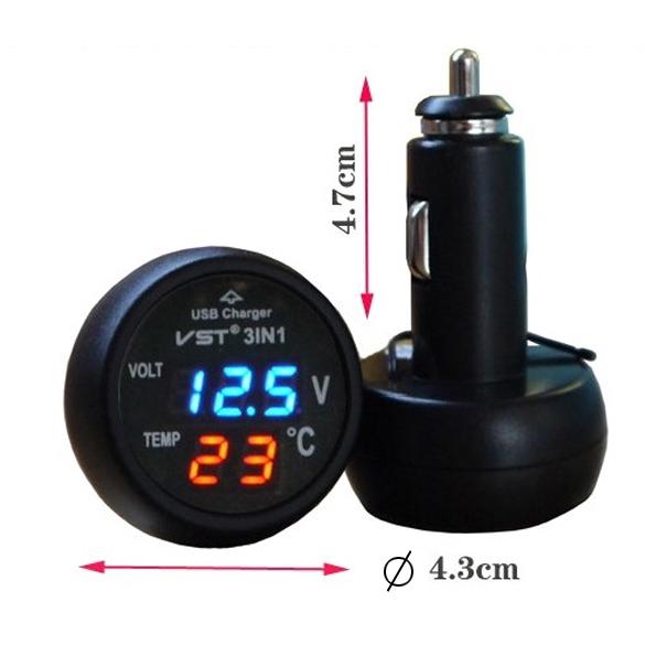 Car Voltmeter Tester 3in1 Digital Voltmeter Thermometer Blue Red LED Display 12/24V 2.1A Cigarette Lighter USB Car Charger