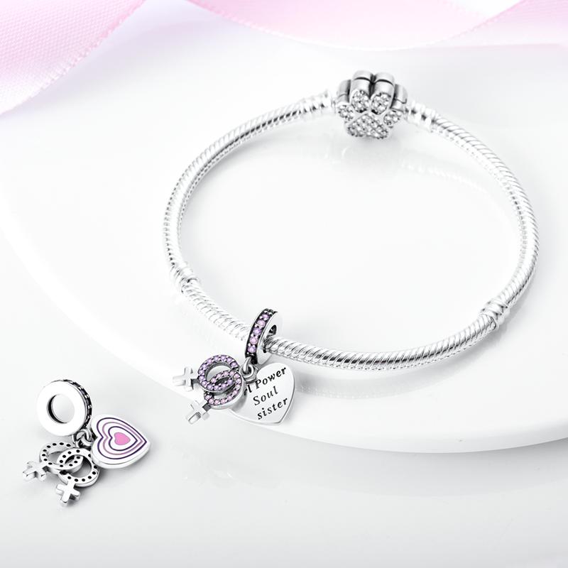 Charms Copper Pinkish-Purple Zircon Heart-Shaped Pendant Fit Charms Plata Original Bracelet Beads Women Jewellery Making