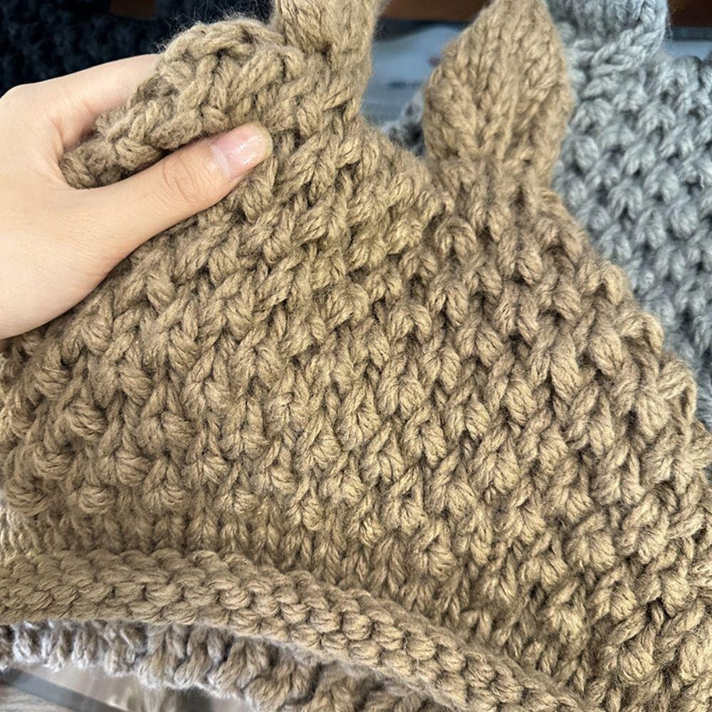 Hand-crocheted Rabbit Ear Knit Hat Korean Ear Protection Hat Fashion Y2k Knitted Hat  Girls
