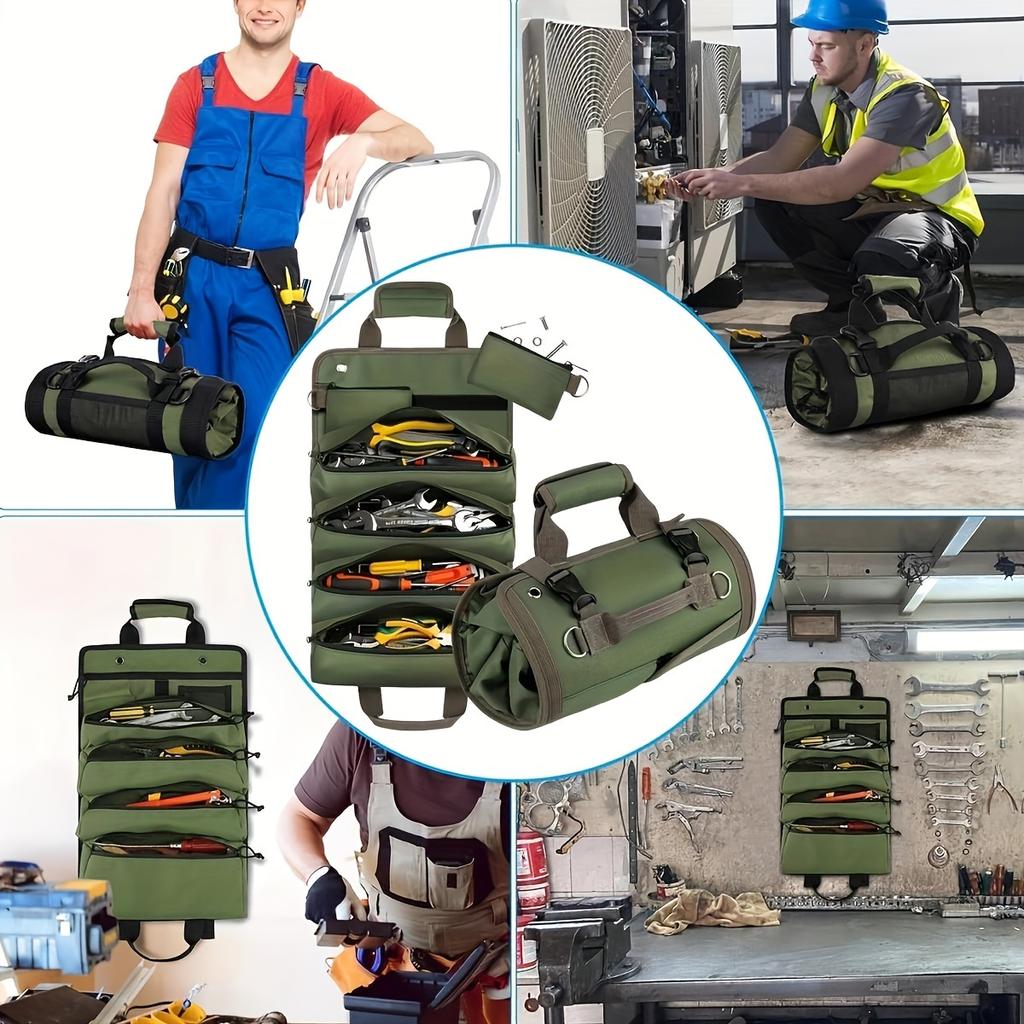 Heavy Duty Tool Bag,Roll Up Tool Organizer,Portable Storage with Detachable Zipper Pouch,Carrier Bag for Electrician Mechanic