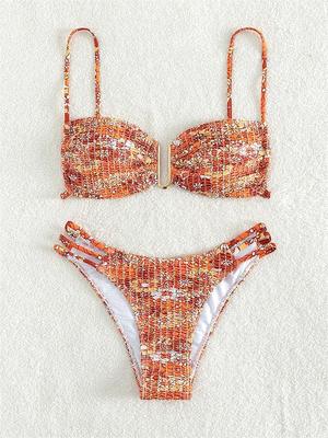 Bikini Micro Sexy Plisado para Mujer Cuello en U Push Up Estampado Floral Naranja Micro Traje de Baño 2026 Traje de Baño de Verano Tanga con Cordones Ropa de Baño