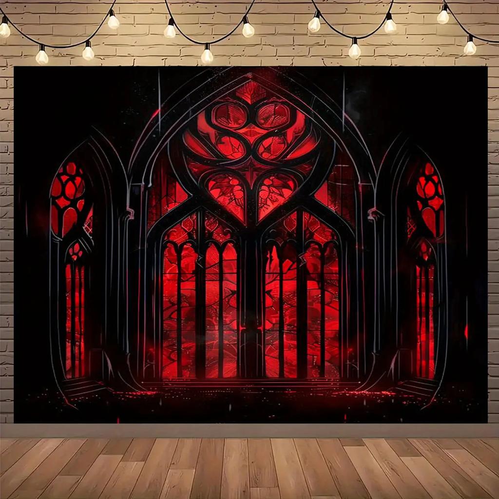 Flat 2D, 1 piece black and red retro gothic banner background fabric with stained glass window design - Halloween Party Decoration