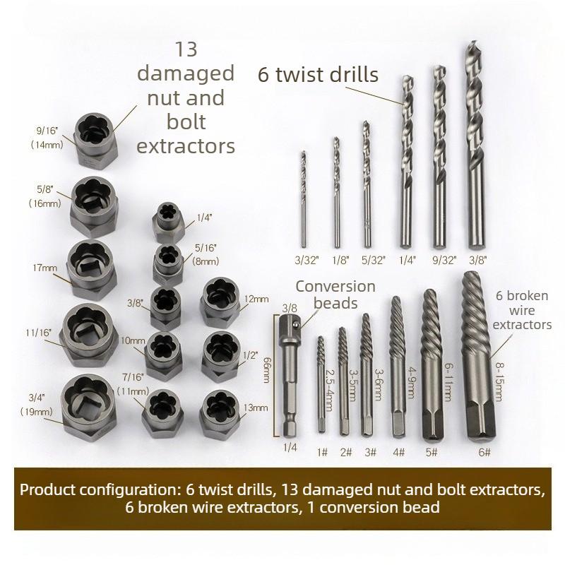 26Pcs/Set Bolt Nut Socket Wrench Removal Tools Electric Drill Bits Torque Wrench Drive Damaged Screw Extractor Car Repair Tools
