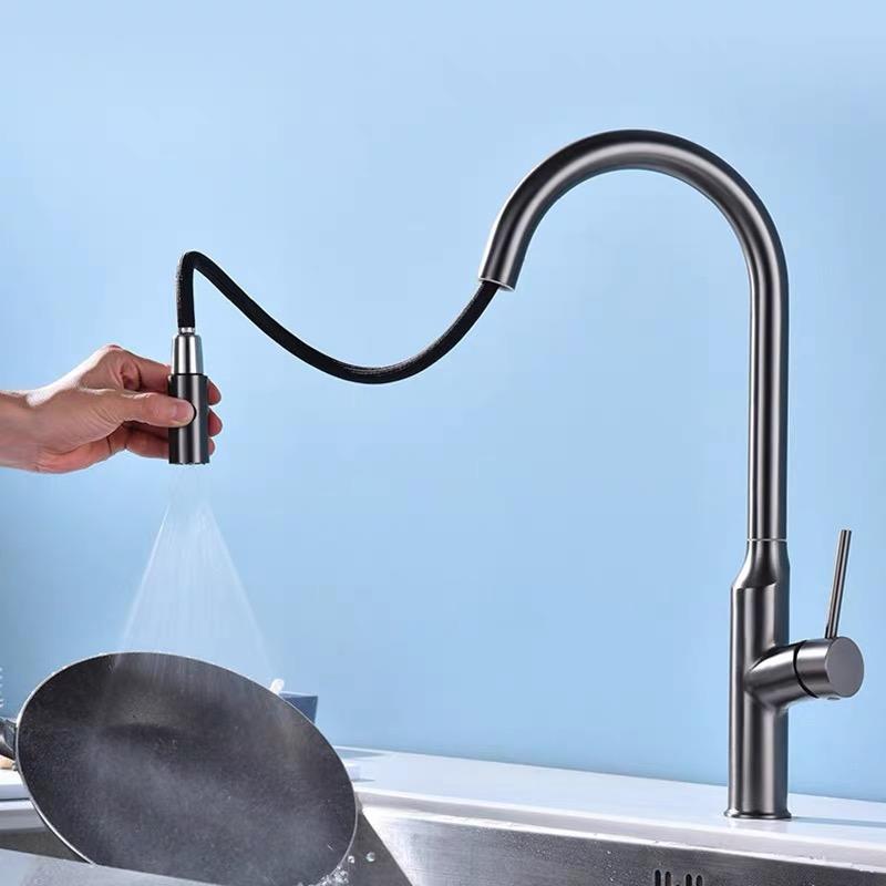 Double Function Water Kitchen Pull-out Sink Faucet Gray 304 Stainless Steel Hot And Cold Water Single-hole Telescopic Sink Tap