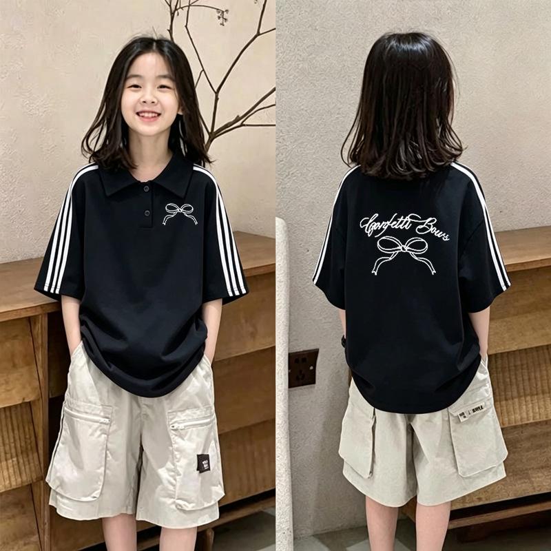 Girls' Stylish Color Block Polo T-Shirt - Summer Short-Sleeve, Loose Fit with Striped Lapel, Medium to Large Sizes