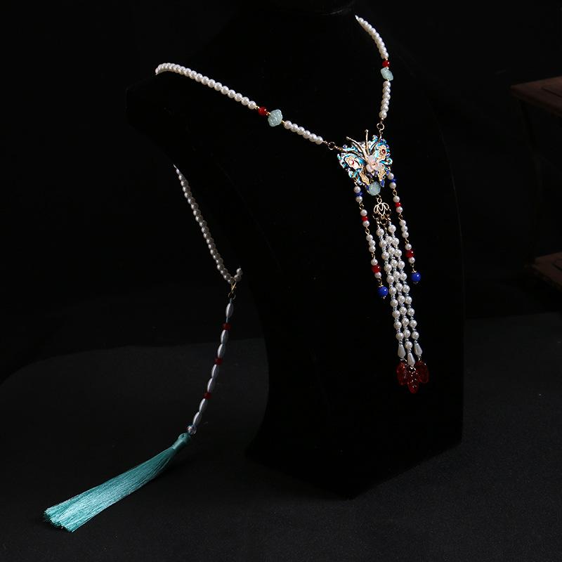Hanfu Tassels Necklace Long Chain Vintage Chinese Necklace Tang Ming Dynasty Hanfu Pendant Necklace For Women Girl