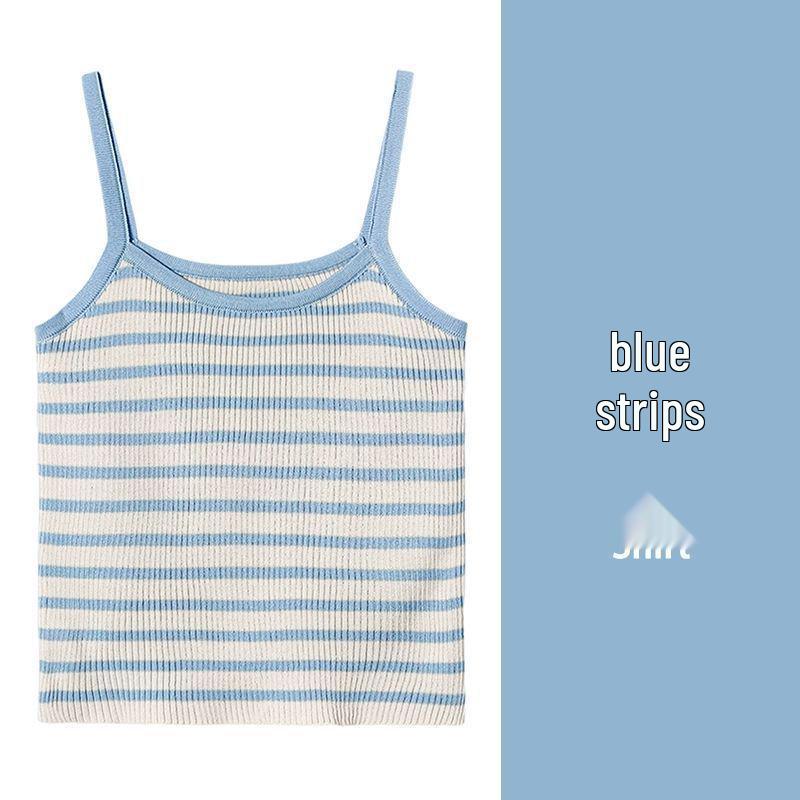 Korean Style Light Blue Striped Knit Camisole - Trendy Summer Sleeveless Slimming Top