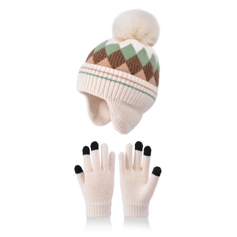 Children Winter Hat Gloves Set Faux Fur Ball Kids Beanie with Earflaps Thicken Warm Children Knitted Cap Suit 4-10Y
