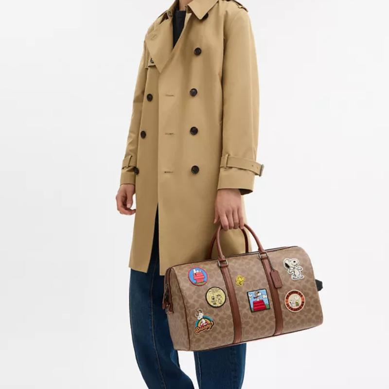Coach X Peanuts Signature 45 Ventura Logo Coated Canvas And Leather Boston Bag Women Travel Bag Brown CBI42-QBTAM