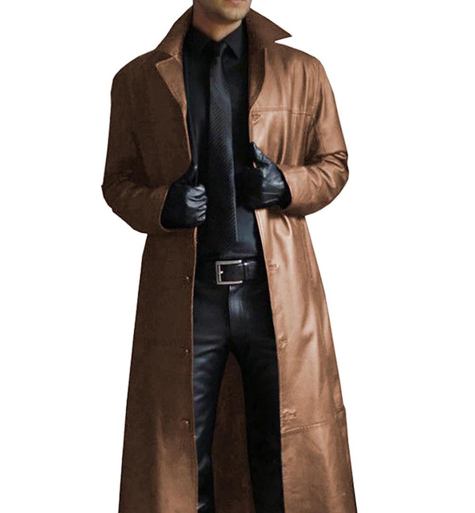 Stilvoller langer Herren-Trenchcoat aus PU-Leder Slim Fit
