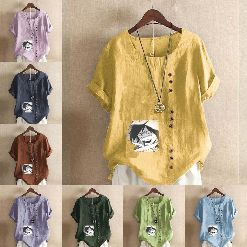 Women's Fashion Handsome Pattern Prined Short Sleeve T-shirt Loose Cotton Shirt Casual Loose Summer Blouse Tops Plus Size
